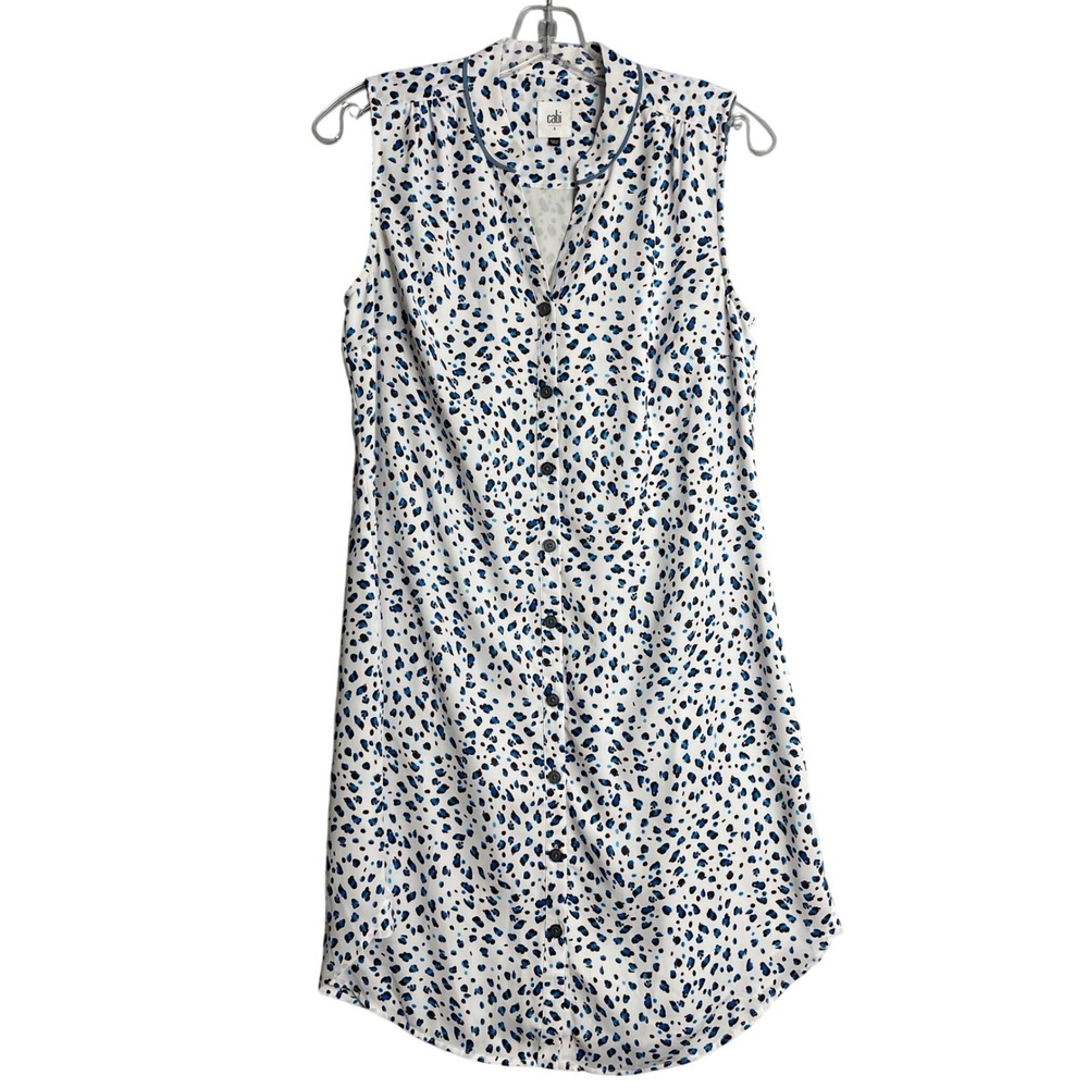Cabi Camilla Sleeveless Shirt Dress Womens S Leopard Blue White Preppy Button